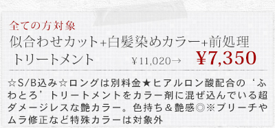 似合わせカット+白髪染めカラー+前処理トリートメント&yen;11020&rarr;&yen;7350