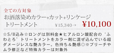 お洒落染めカラー+カット+リンケージトリートメント￥15340&rarr;10100